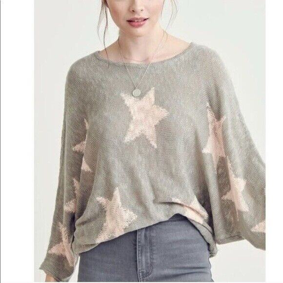 Wishlist Gray & Pink Star Print Open Knit Sweater Dolman Sleeve Summer Size S/M - Picture 1 of 10